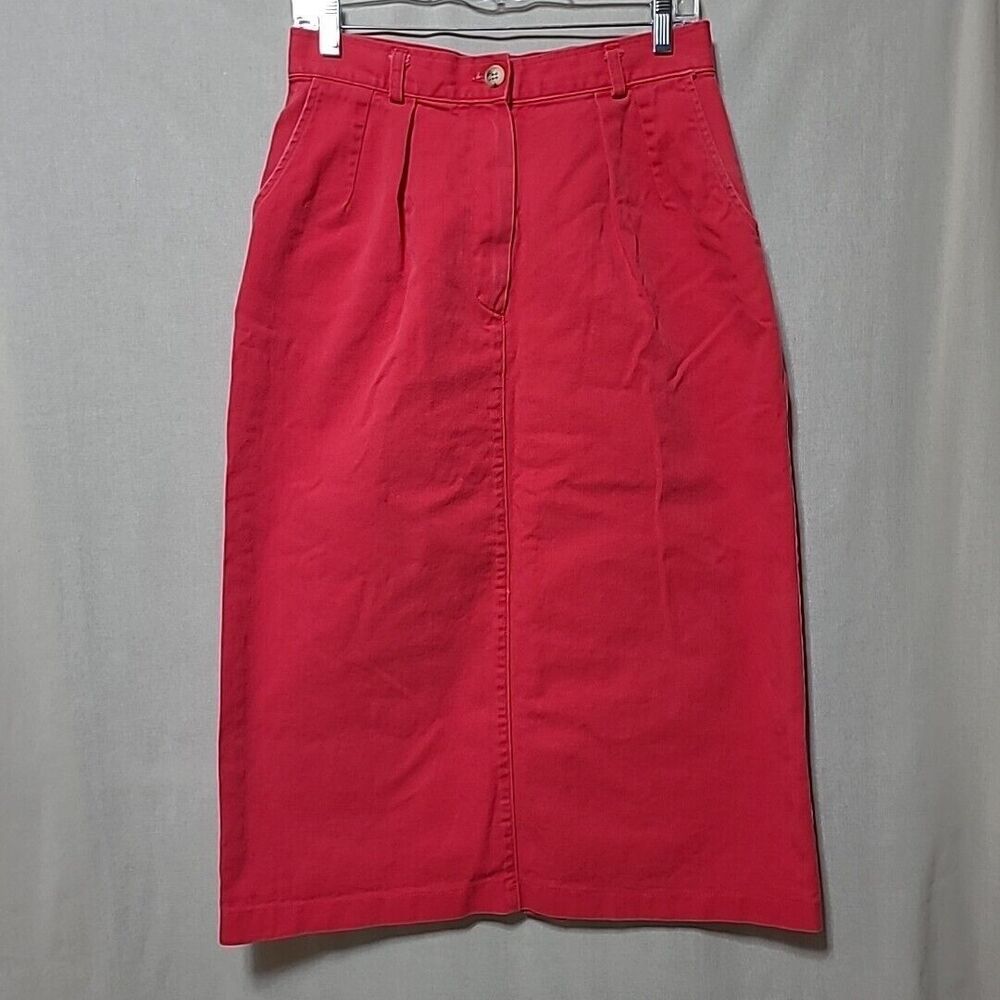 Vintage Gotcha Covered Denim Midi Skirt Womens Size 12 Red Button Slit Pockets